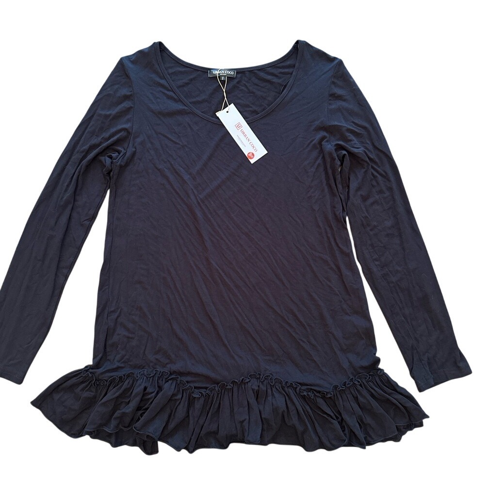 Urban Coco Ruffle Hem Tunic Top Women Small Black NWT Long Sleeve Scoop Neck